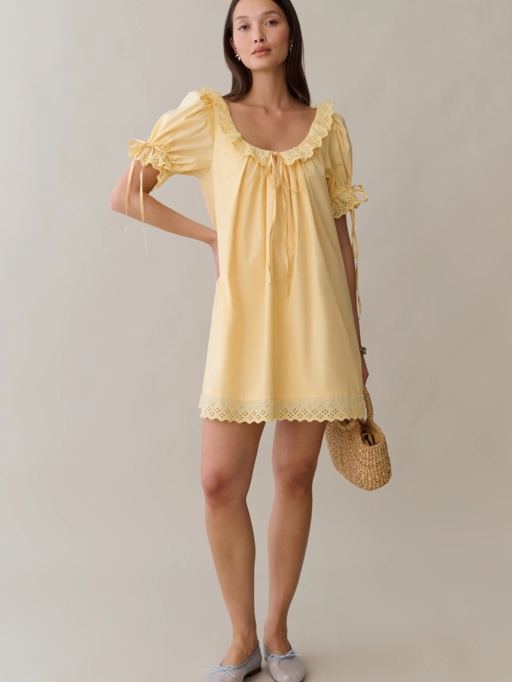 Few Moda Yellow Puff-Sleeve Mini Dress with Eyelet Trim